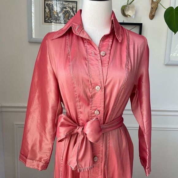 Isabel Riera Handmade Salmon Pink Iridescent Shirt Dress Midi $550 M - Picture 2 of 10